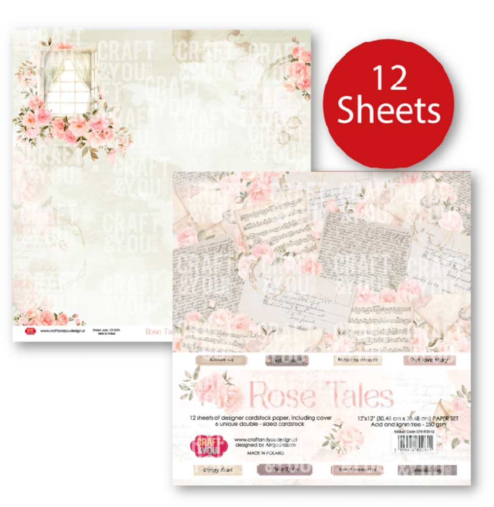 Rose Tales 12x12 Inch Paper Set 250gsm (12sheets) - Scrappegarasjen AS